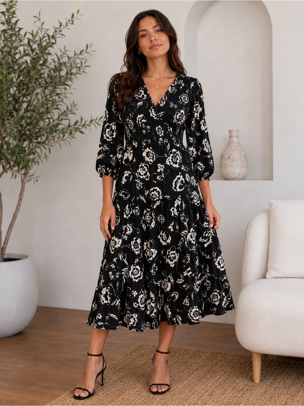 Polagram Black & Ivory Floral Smocked Midi Dress Size Large